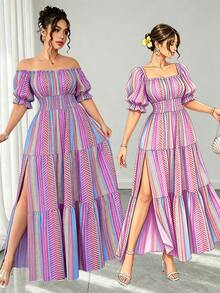 SHEIN Elenzya Gaun Midi Pantai Elegan Berlapis Model A-Line Bergaris Warna-warni untuk Liburan Musim Panas Wanita Ukuran Plus - MultiWarna - View 1