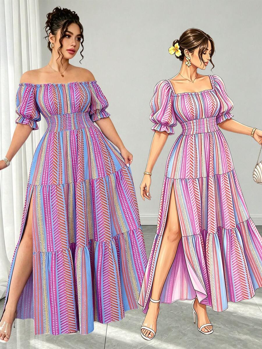SHEIN Elenzya Gaun Midi Pantai Elegan Berlapis Model A-Line Bergaris Warna-warni untuk Liburan Musim Panas Wanita Ukuran Plus - MultiWarna - View 1
