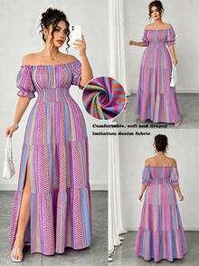 SHEIN Elenzya Gaun Midi Pantai Elegan Berlapis Model A-Line Bergaris Warna-warni untuk Liburan Musim Panas Wanita Ukuran Plus - MultiWarna - View 7