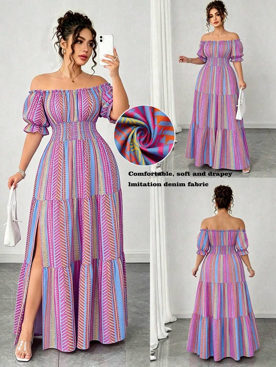 SHEIN Elenzya Plus Size Women's Summer Holiday Colorful Striped Ruffle Off-Shoulder Short Sleeve Cinched Waist Ruched A-Line Layered Fashion Elegant Beach Vacation Midi Dress - Multicolor - View 1