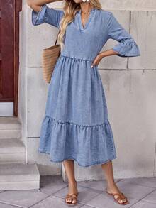 Brillora Women's Casual Boho Denim Vacation Dress Autumn Outfits Country Modest Brunch Light Blue - Medium Wash - View 5