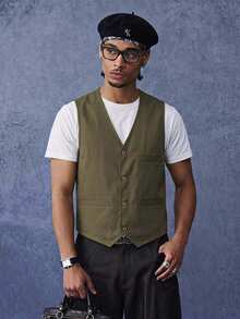 PAVTROS Men's Solid Color V-Neck Single-Breasted Casual Vest - Army Green - View 1