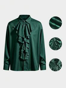 ROMWE MEN Men's Elegant Fashion Striped Ruffle Single-Breasted Shirt - Green - View 10