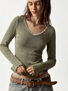 Bohemela 休閒純色針織V領長袖女款T恤 - 軍綠色 - 查看 4
