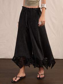 Easelle Vintage Boho Low Waist Lace Patchwork Wide Leg Snow Wash Women's Long Pants Vacation Black Summer - Grey - View 3