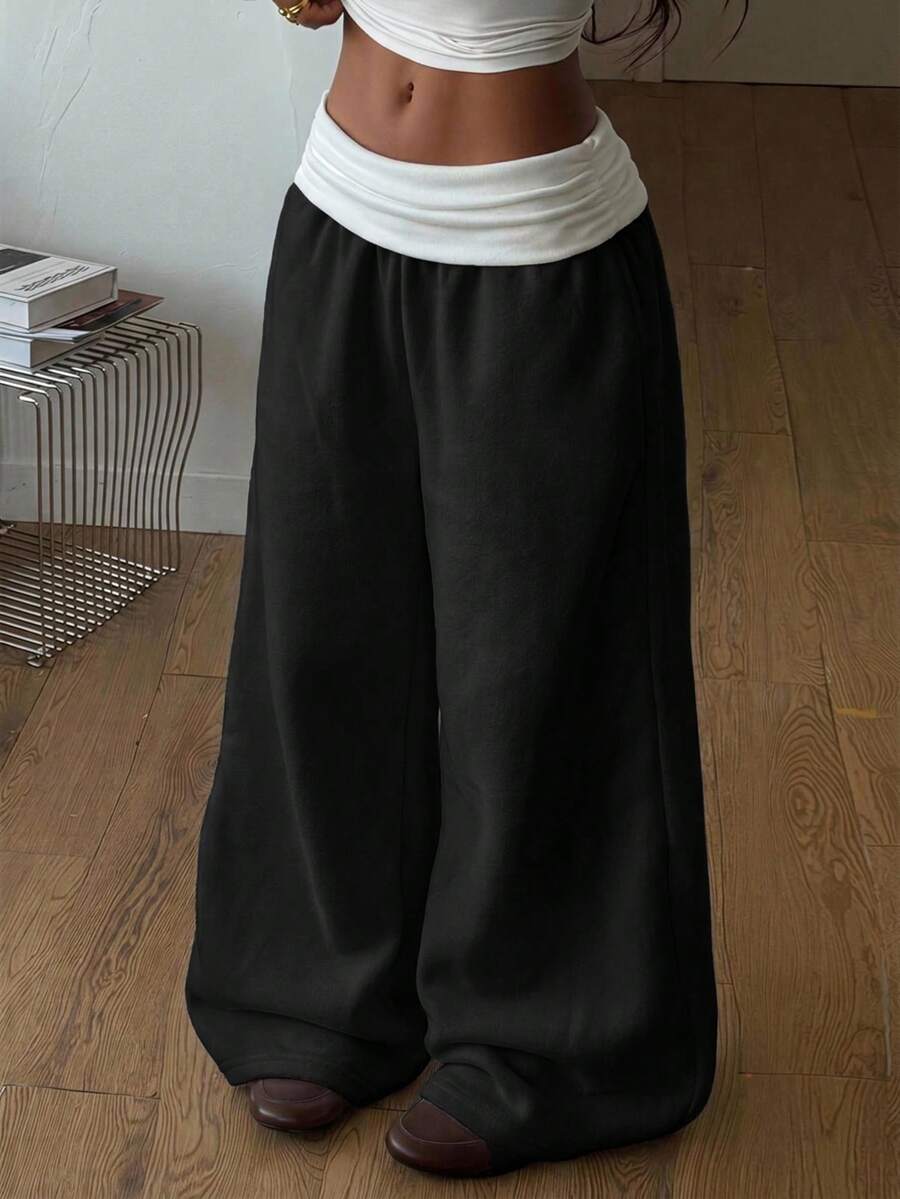 SHEIN 青少年女孩針織白色腰部抓褶寬鬆黑色休閒運動長褲 - 黑與白 - 查看 1