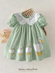 Cozy Pixies Baby Girl Floral Print Peter Pan Collar Puff Sleeve Dress - Mint Green - View 7