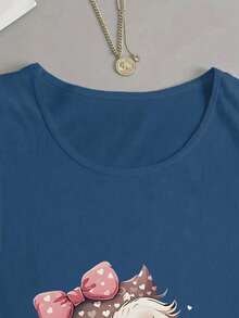 Cute Owl Animal Print Fashion Round Neck Women's Pullover T-Shirt Fall Cloth For Women - Blue - View 3