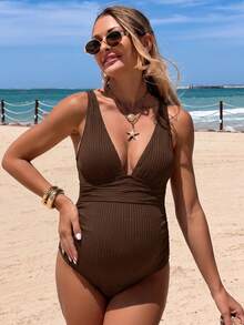 Swim Vcay Baju Renang Terusan Berpotongan V Dalam Berwarna Polos dengan Detail Kerut, Model Modis untuk Ibu Hamil, Baju Renang Penutup Penuh, Pakaian Liburan Musim Panas di Pantai dan Resor - Coklat - View 3