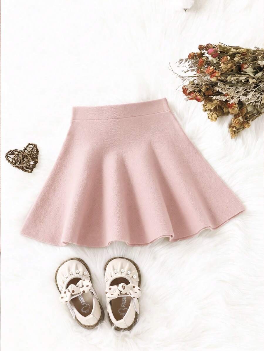 SHEIN Young Girl Solid Color Casual Daily Knit Mini Skirt Autumn Fall - Pink - View 1