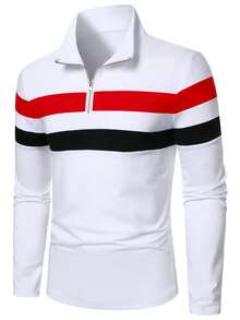 Manfinity Homme Men's Zipper Half-Placket Striped Patchwork Long Sleeve Polo Shirt - Multicolor - View 3