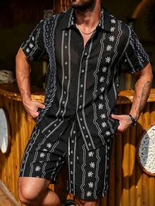 Manfinity Homme Men's Floral Print Single-Breasted Short Sleeve Shirt And Shorts Casual Daily Outfit - Black - View 1