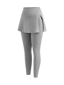 SHEIN Cheerettes 女款純色休閒日常旅行運動緊身灰色裙褲，柔軟彈性面料，透氣吸濕排汗，側開衩雙口袋，健身適用 - 灰色 - 查看 4