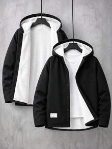 SHEIN Casuvi Kids 青少年男孩基礎休閒燈芯絨連帽抓絨外套 - 黑色 - 查看 1