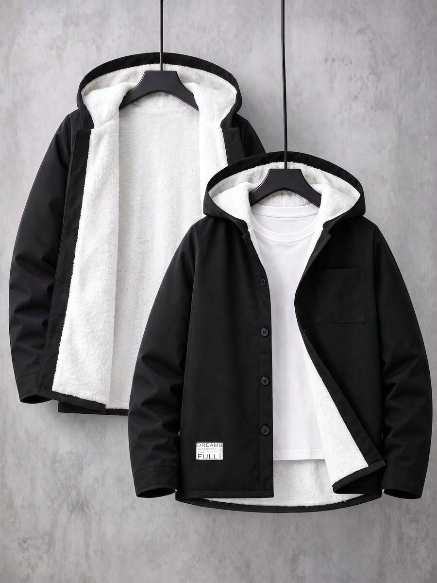 SHEIN Casuvi Kids 青少年男孩基礎休閒燈芯絨連帽抓絨外套 - 黑色 - 查看 1