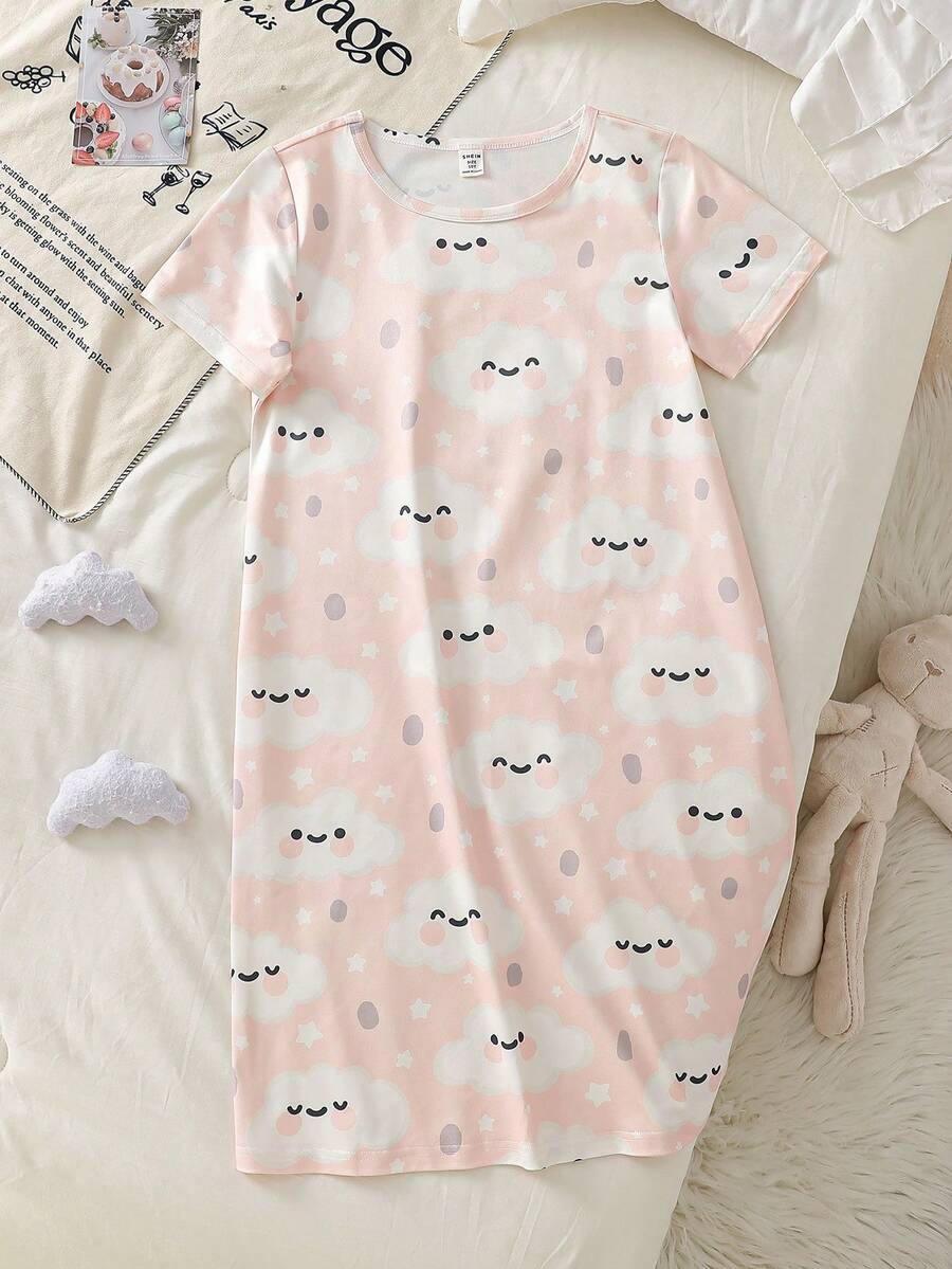 SHEIN 青少年女孩可愛雲朵印花短袖寬鬆短袖睡袍 - 彩色 - 查看 1