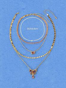 Popjeli Pink And Purple Butterfly Rhinestone Multi-Layer Stacked Necklace Gold Disc Chain Retro Collarbone Chain - Butterfly - View 5