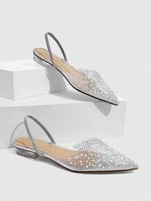 CUCCOO SZL Women's  Pointed Toe Slingback Pumps With Rhinestone Embellishment And Flat Transparent Heels - Silver - View 1