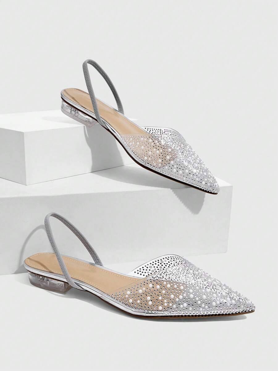 CUCCOO SZL Women's Pointed Toe Slingback Pumps With Rhinestone Embellishment And Flat Transparent Heels - Silver - View 1