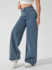 SHEIN ICON 女款休閒日常牛仔褲，附口袋與鈕扣 - 中等水洗藍 - 查看 4