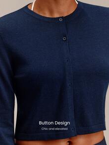GLOWMODE Wool Blend Big Softie Cropped Knit Cardigan With Button Placket & Tonal Logo Embroidery Daily Casual Wear - Navy Blue - View 3