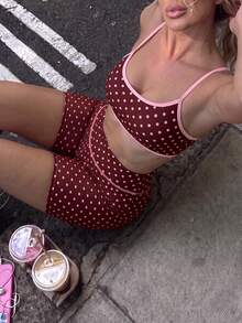 SHEIN Sports Women's Polka Dot Print Solid Color Trim Sports Tank Top And Shorts High Elastic Comfortable Athletic Set - Multicolor - View 4