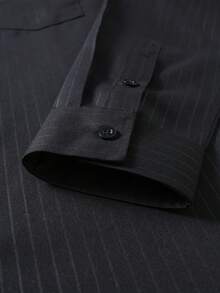 Manfinity CasualCool Men's Solid Color Embossed Stripe Button Design Formal Long Sleeve Shirt - Black - View 7