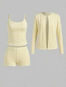 Teen Girl Striped Camisole, Shorts And Cardigan Set Suitable For Summer - Multicolor - View 2