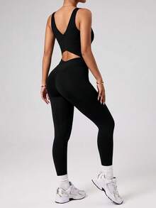 Easithlete Easithlete Black Backless Sports Jumpsuit Leggings - Black - View 7