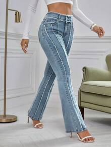 EMERY ROSE Distressed Hem Slim Fit Flare Jeans - Dusty Blue - View 4
