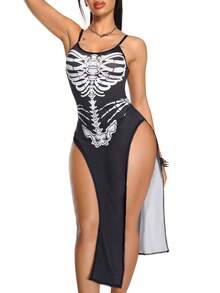 AltBold Women's 1pc Halloween Skeleton Bone Dark Sexy Hollow Out Design Nightgown - Black and White - View 5