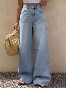DAZY Calça Denim Feminina Casual para o Dia a Dia Lavada com Bolso Inclinado e Perna Larga para Escola - Azul bebê - Visão 7