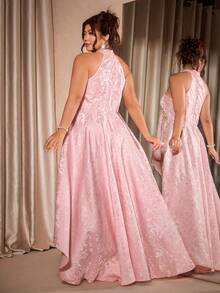 Cravure Plus Size Women's Halter Neck 3D Jacquard Asymmetrical Hem Dress - Pink - View 5