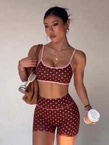 SHEIN Sports Women's Polka Dot Print Solid Color Trim Sports Tank Top And Shorts High Elastic Comfortable Athletic Set - Multicolor - View 7