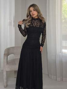Jemour Women's Autumn/Winter Lace Ruched Bodycon Dress, Versatile For Outings, Date Nights, Theme Parties, Celebrations Elegant Black - Black - View 4