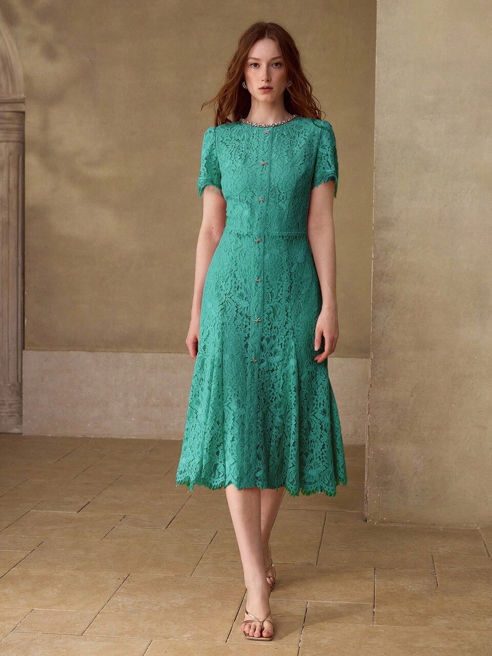 MOTF SUMMER NEW PINK RHINESTONE & PEARL ROUND NECK LACE DRESS FOR WOMEN, HIGH-END ELEGANT LACE EMBELLISHED MERMAID TAIL DRESS