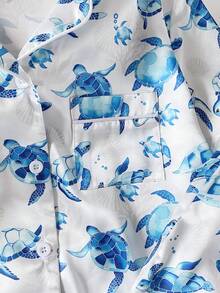 SHEIN 可爱海龟缎面领短袖短裤睡衣套装 - 藍白色 - 查看 3