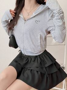 FRIFUL Jaket Wanita Model Baru Korea untuk Awal Musim Gugur, Berkerudung, Motif Hati, Resleting Ganda, Lubang Jempol, dan Desain Manset Bergaris, Serbaguna - Hitam - View 3