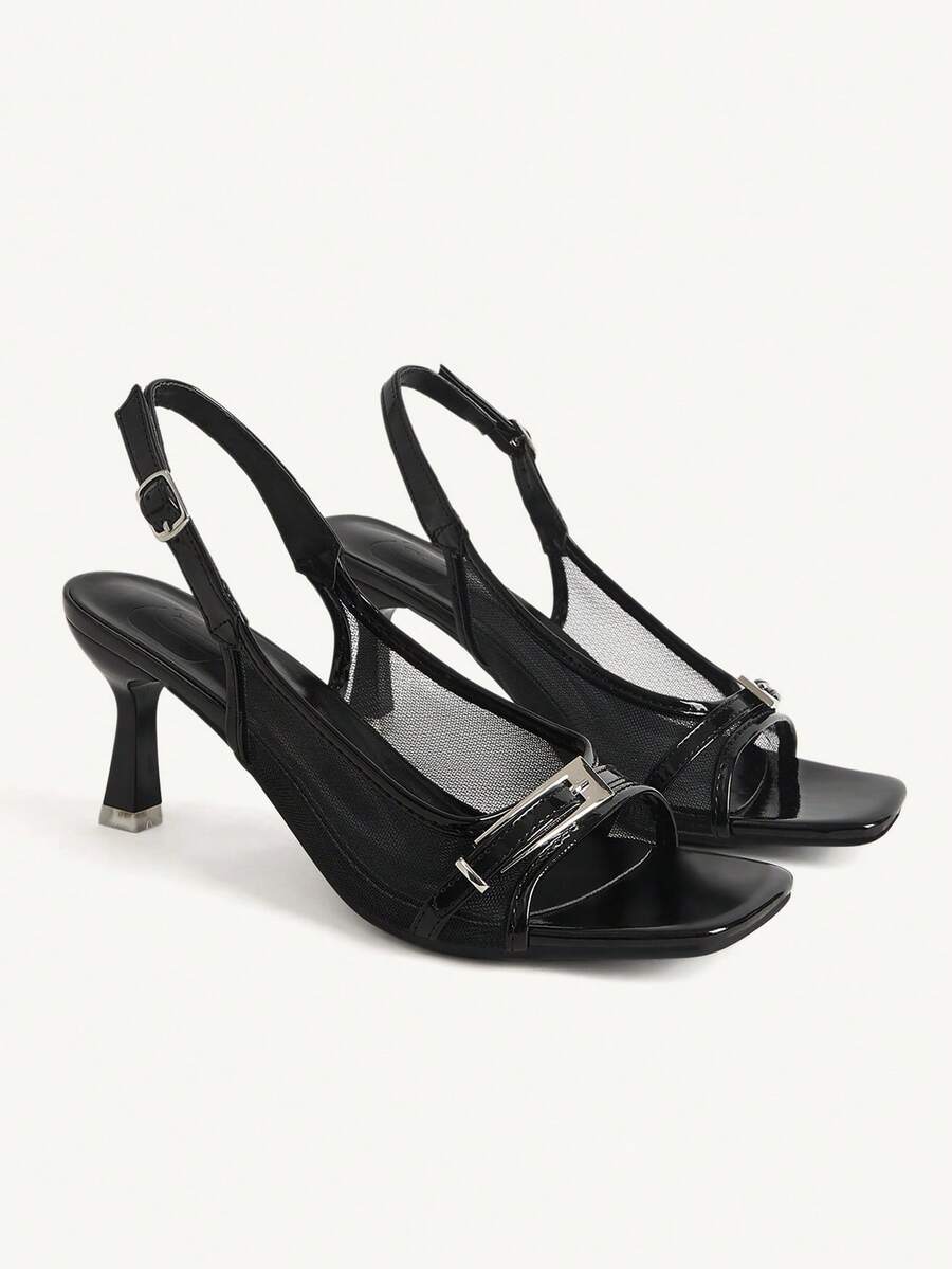 CUCCOO CHICEST Summer Versatile Black Patent Leather Mesh Sandals Women's Head Thin Heel Metal Buckle Buckle Commuter Sandals - Black - View 1