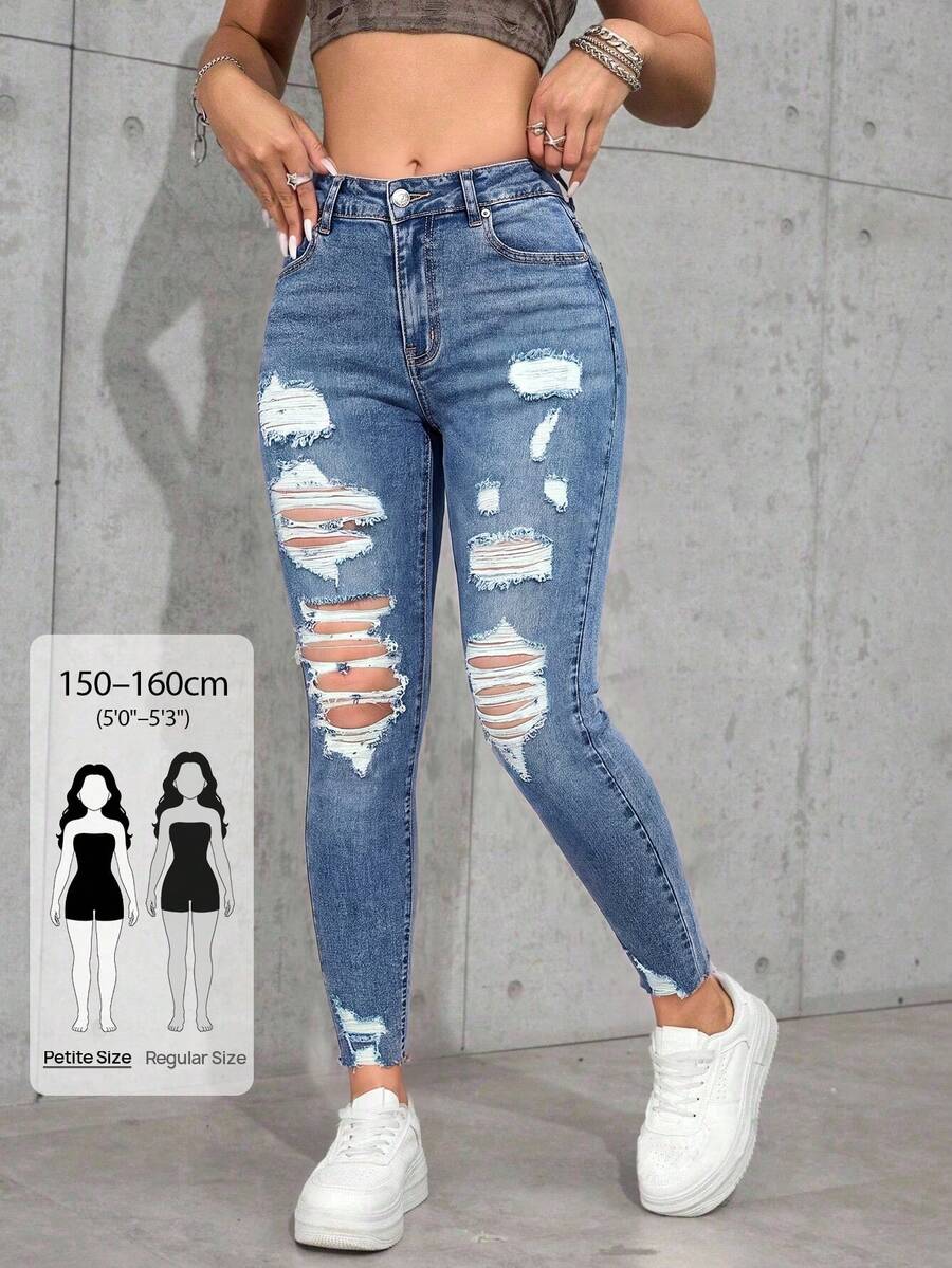 SHEIN PETITE Women's Contrast Color Ripped Skinny Pocket Casual Jeans - Medium Wash - View 1
