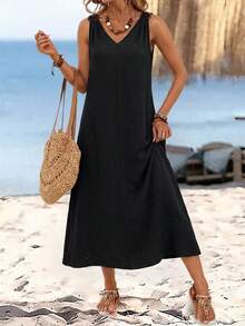 SHEIN LUNE Women's Solid Color Round Buckle V-Neck Sleeveless Midi Dress - Black - View 2