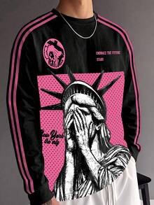 Gym Rark Punk Streetwear New York Liberty Print Men Long Sleeve Pullover, Pink Dot Background Cover Eyes Statue Graphic, Double Pink Raglan Sleeve Stripes, Loo - Multicolor - View 1
