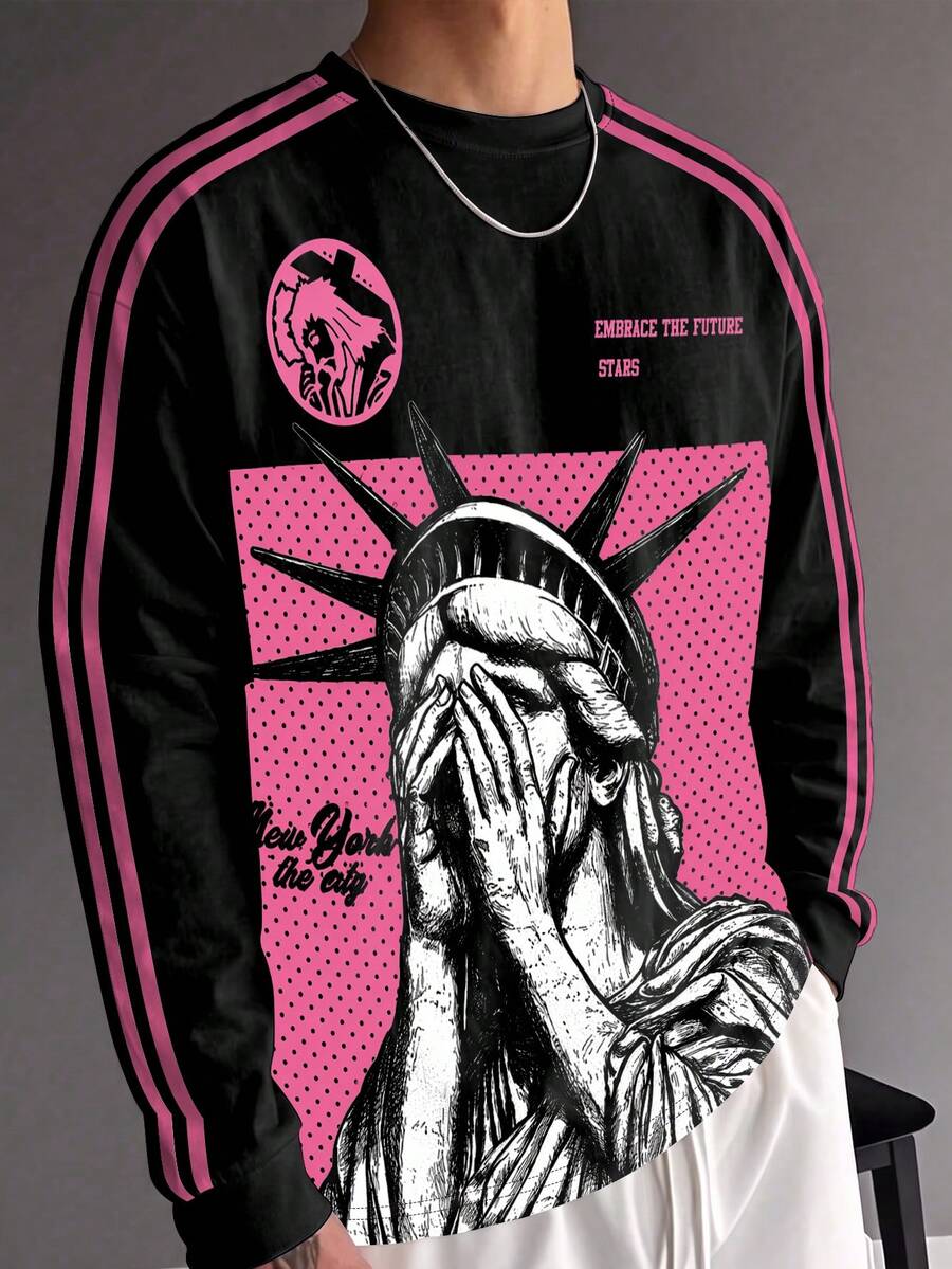 Gym Rark Punk Streetwear New York Liberty Print Men Long Sleeve Pullover, Pink Dot Background Cover Eyes Statue Graphic, Double Pink Raglan Sleeve Stripes, Loo - Multicolor - View 1