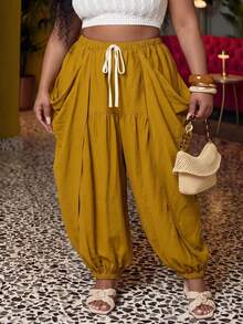 Veslaya 2026 Spring/Summer Women's Plus Size Tummy Control Breathable Soft Form Traditional Romantic Mustard Yellow Long Tapered Pants Vacation Dates - Rust Brown - View 2