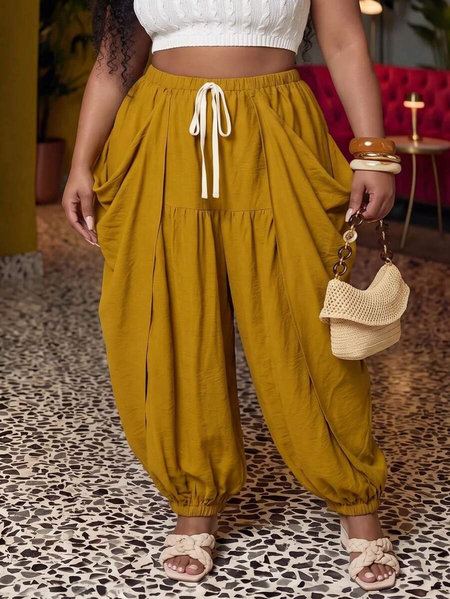 Veslaya 2026 Spring/Summer Women's Plus Size Tummy Control Breathable Soft Form Traditional Romantic Mustard Yellow Long Tapered Pants Vacation Dates
