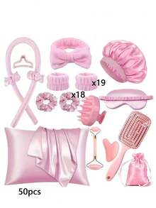 10/7/12/48/50pcs Sleep Hair Styling Tools Set, Curler 1pc Silk Pillowcase For Hair And Skin Queen Set, Silk Heatless Curling Set, Overnight Curling Iron, 1pc Sleep Soft Eye Mask, 1pc Sleep Silk Nightcap, Sleep Essential Set - Pink - View 12