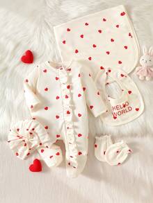 SHEIN 5pcs Newborn Baby Girl Romper Set Cute Sweet Cream Red Heart Ruffle Bow Ribbed Long Sleeve Round Neck Baby Shower Fall First Birthday Cozy Gift - Apricot - View 6