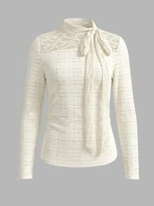 IslaSuriya Women's Lace Patchwork Neckline Tie-Front Top - Apricot - View 3