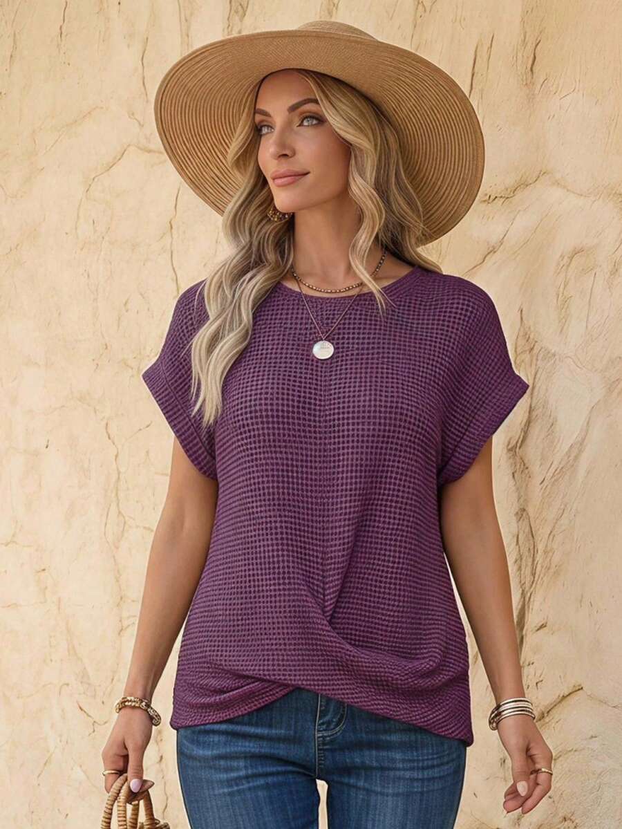 EMERY ROSE Camiseta sólida con mangas murciélago y dobladillo torcido - Morado - Ver 1