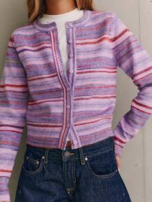 Nöista Purple Striped Knit Cardigan Features Fitted,Cropped Cut, Soft,Youthful,Sweet. Versatile Practical Wardrobe Staple Fall Winter,. - Purple - View 2